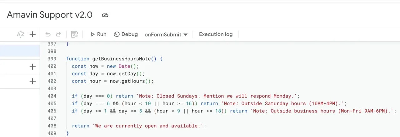 Code showing business hours logic