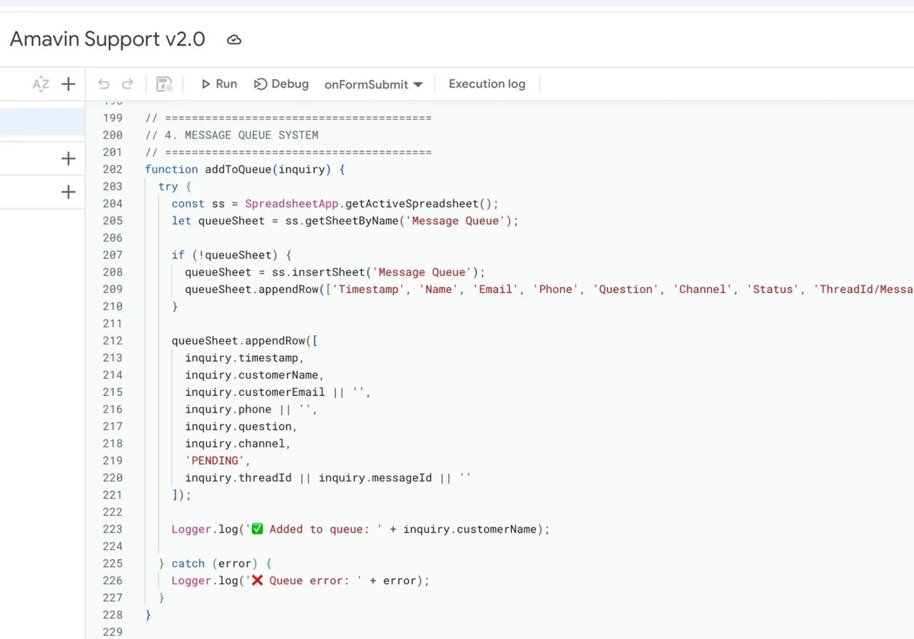 Code showing the message queue system