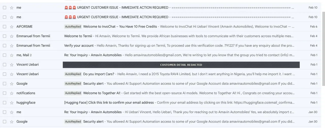 Inbox showing multiple messages tagged AutoReplied by the system