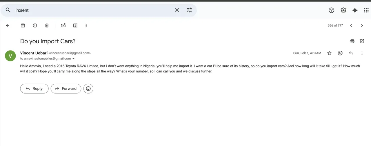 A customer email asking four questions at once about importing a car
