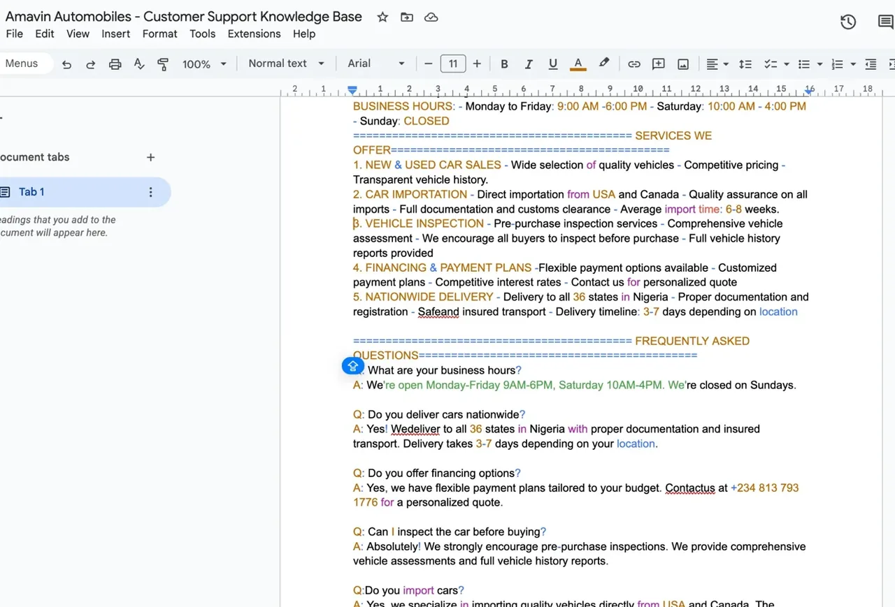 The Google Docs knowledge base holding business hours, services and FAQs