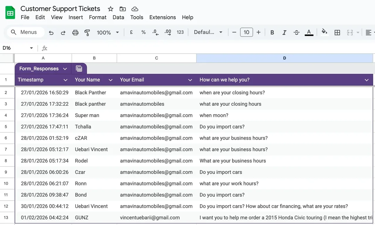 Google Sheet logging every inquiry with timestamp, name, email and question