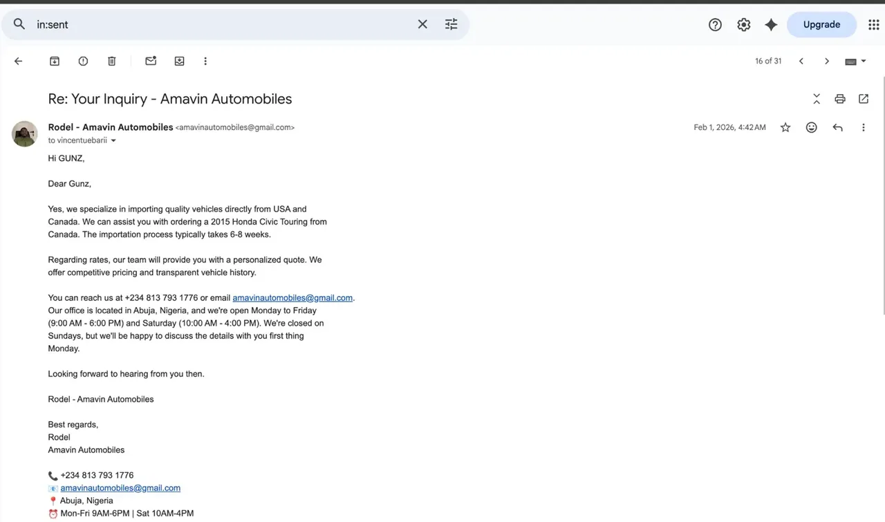 The AI agent's full reply answering every question with business hours and contact details
