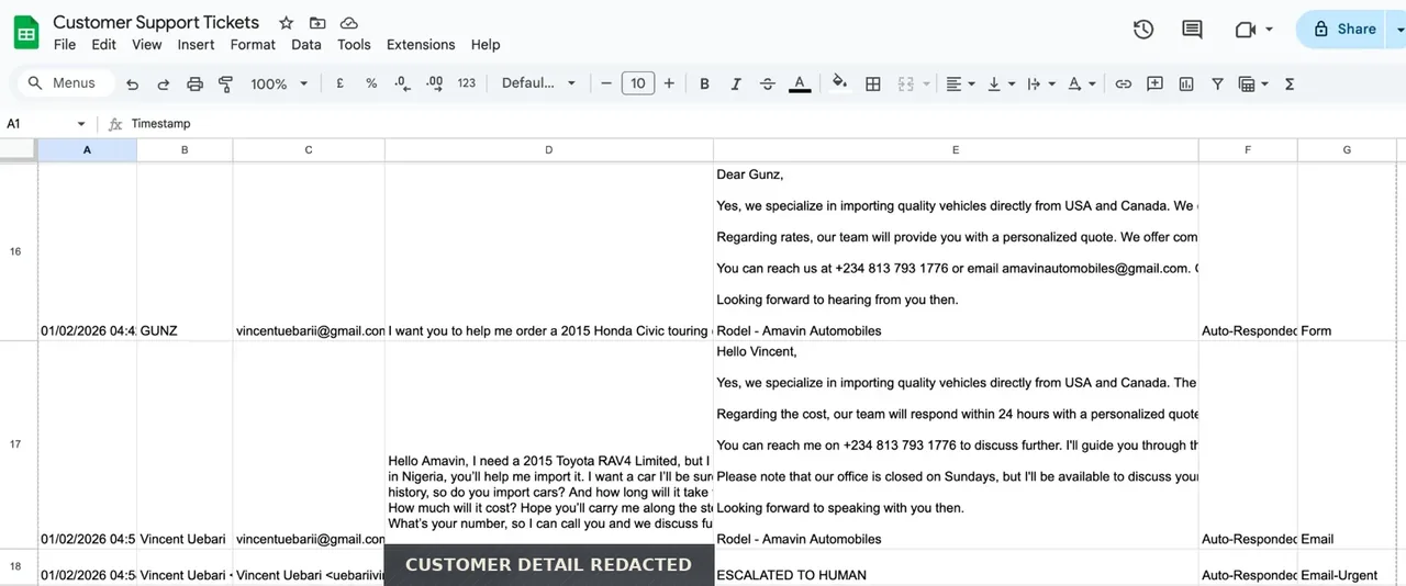 Sheet showing AI replies stored beside inquiries, with one row escalated to a human
